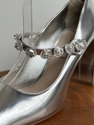 MIU MIU Silver Patent Crystal Strap Chunky High Block Heel Mary