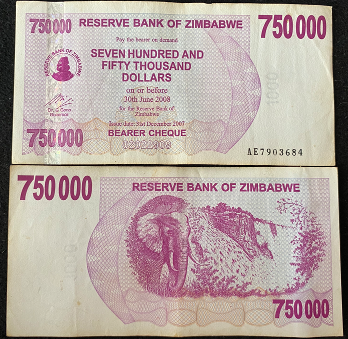 ジンバブエドル 250億ドル紙幣 本物保証 BANKNOTE WORLD Zimbabwe 750000 DOLLARS Banknote World Paper Money Currency