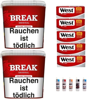 2x Break Red / Rot Volumentabak Giga Box 185g + 1000 Hülsen + 5 Feuerzeuge