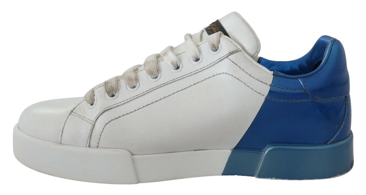 DOLCE & GABBANA Shoes Sneakers White Blue Leather Logo Print Mens EU39 / US6