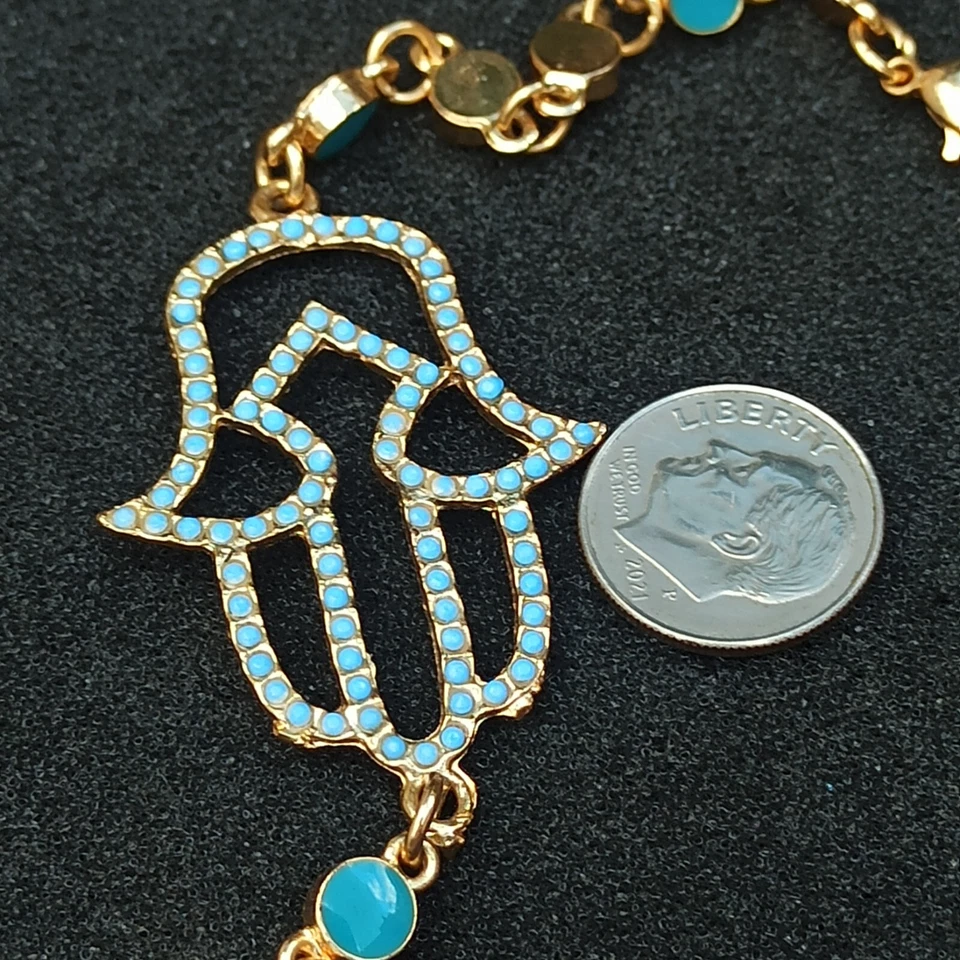 Hamsa Bracelet Turquoise Rhinestone Gold Tone Hand of Fatima Amulet Statement - Image 2 of 4
