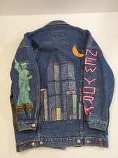 Jordache Jeans Basic New York City Size Medium Blue Painted Denim Jacket