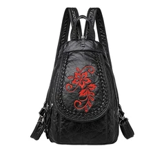 Vintage Embroidered Women Backpacks Soft PU Leather Backpack Purse Small Fema...