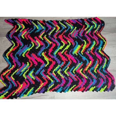 Handmade Crochet Afghan Throw Blanket Neon Chevron Black Retro 40x57 Funky