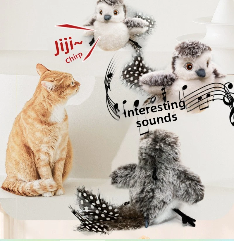 Realistic Flapping Bird Cat Toy Interactive Chirping Sound LED Light USB