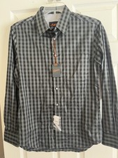 NWT Egara Slim Fit Stretch Non-Iron Grey/Blk Check Button Front Long sleeves