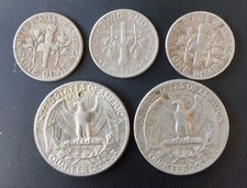 5 USA Silver Coins 1954 - 1967 Washington Roosevelt Jefferson