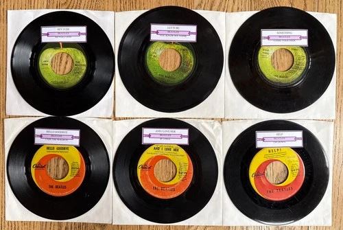 6 BEATLES 45 rpm 7" Vinyl record singles collection - USED +Jukebox Tags