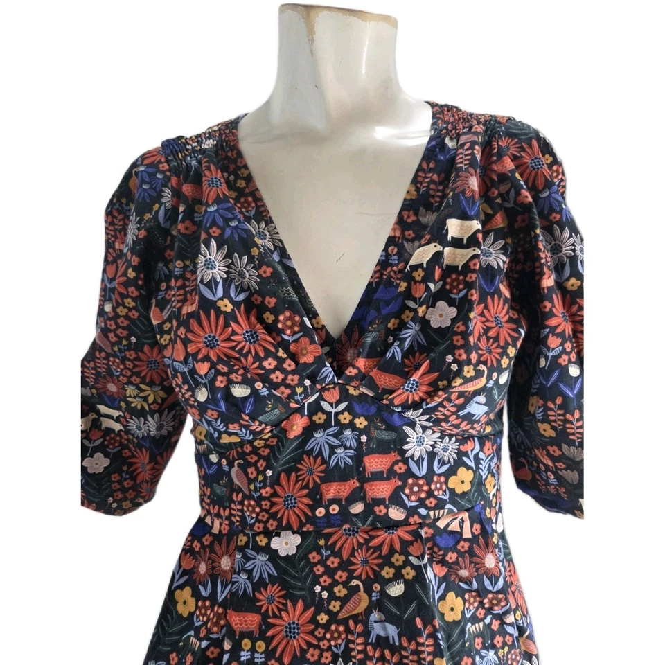 Vestido feminino Smoking Lily estampa animal pequeno étnico floral boho algodão orgânico - Imagem 3 de 4