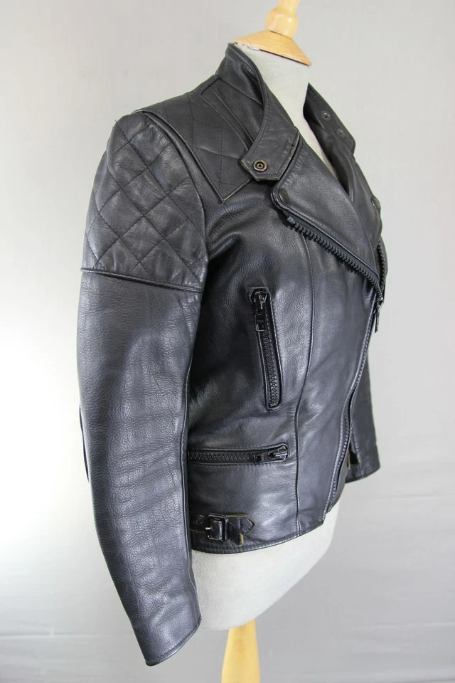 CHAQUETA DE MOTOCICLISTA DE PIEL DE LOBO NEGRA ESTILO PUNK ROCK DE COLECCIÓN AÑOS 70: 32-34 IN/TALLA 10 Foto 2 de 4