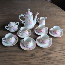 Vintage RS Prussia Porcelain Tea Set 15 Pc Pink Roses Floral Gold Accent