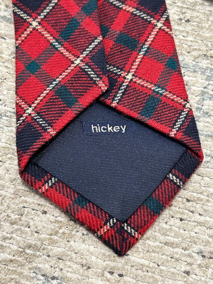 Corbata Hickey Freeman Made Italy roja azul tartán lana a cuadros delgada Foto 4 de 4