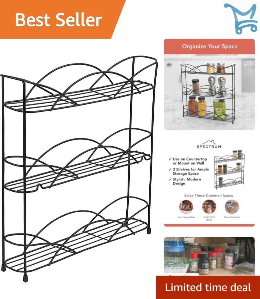 3-Tier Metal Spice Rack Organizer Black Wall Mount Countertop Kitchen Bathroom