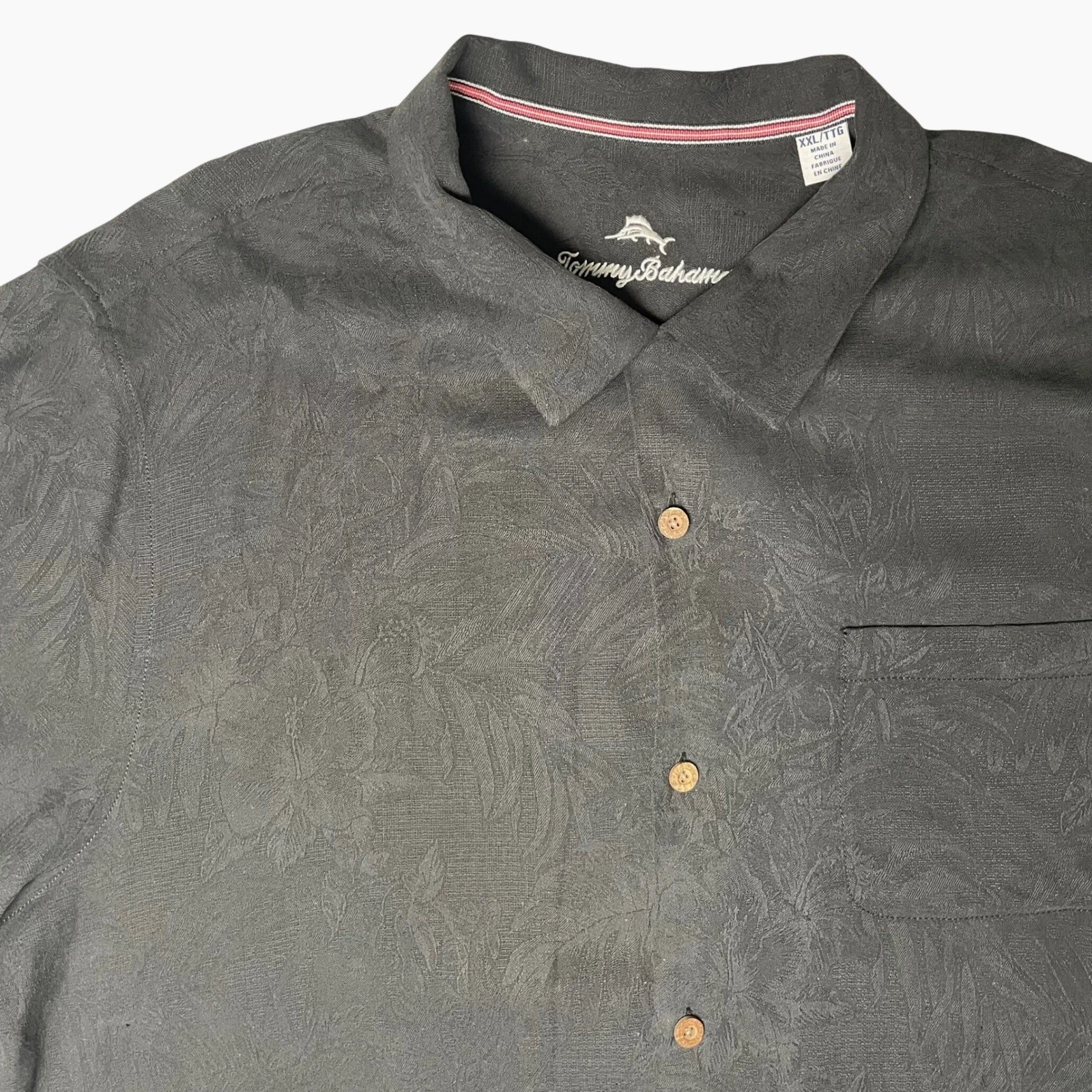 Tommy Bahama Camp Shirt Mens XXL Black 100% Silk Floral Jacquard Coastal Resort