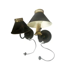 Vtg Pair 50s USA Toleware Wall Lamp Sconce Black French Country Primitive Metal