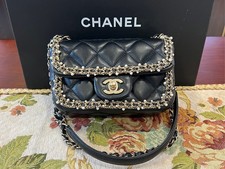 Chanel Classic Flap Mini Black Lambskin Pearl Chain Trim Gold CC Crossbody Bag