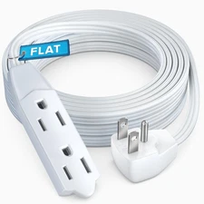 15ft Flat Plug Extension Cord 16 Gauge 3-Prong 13A Grounded Wire White