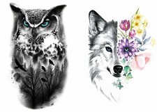 Large Owl Wolf Flower Temporary Tattoo Fox Giraffe Horse Animal 6080