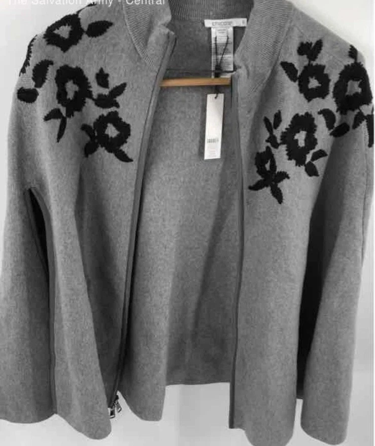 Chico's Gray & Black embroidered Zip Front Sweater Style poncho Sz S/M NWT