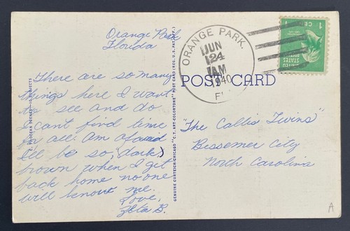 Orange Park, Florida Post Card - mailed June 24, 1940 to Bessemer City, NC - FL