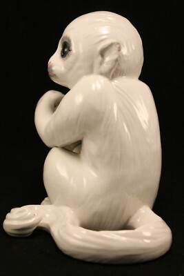 White Porcelain Glazed Capuchin Monkey Figurine Mid-Century Modern