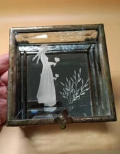 OOAK Beveled Etched Glass Footed Butterfly Handle Mirrored Jewelery Box