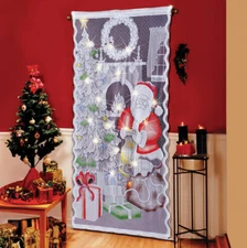 Lighted LED White Lace Christmas Santa Claus Curtain Door Panel Holiday Decor
