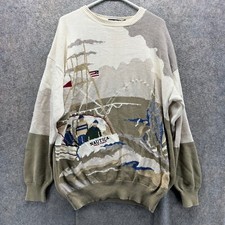Nautica Sweater Men XL Beige Crewneck Pullover Vtg Sailing Fishing Gold Coast