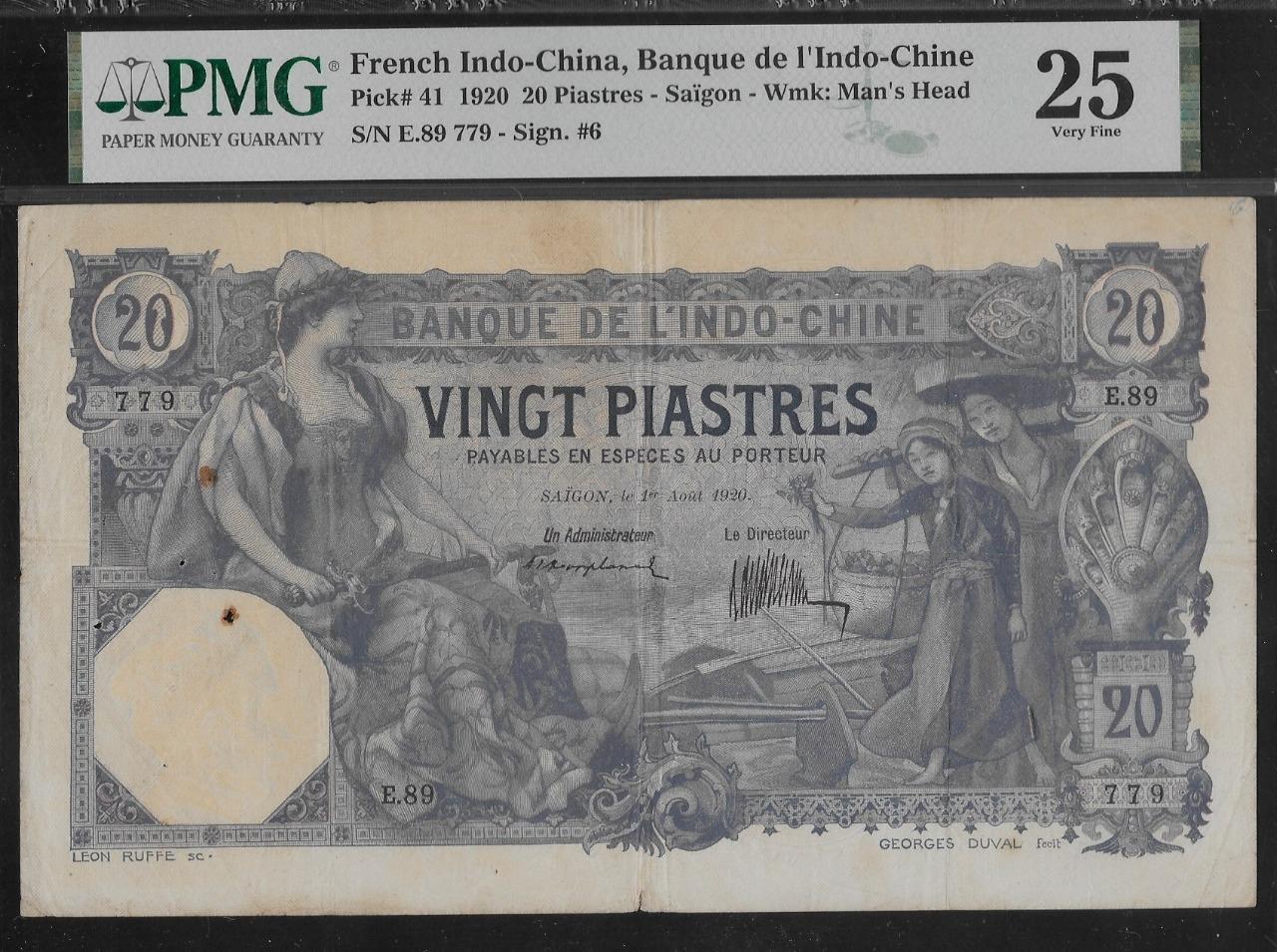French Indochina P-41 20 Piastres Saigon 1920 PMG 25 Pinholes, Rust