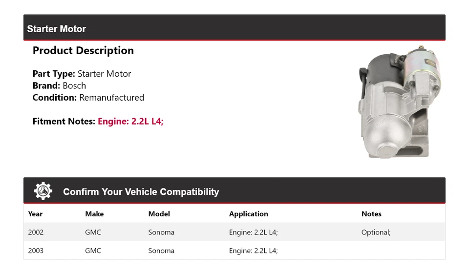 For 2002-2003 GMC Sonoma 2.2L L4 Bosch Starter (Remanufactured) - Image 2 of 4