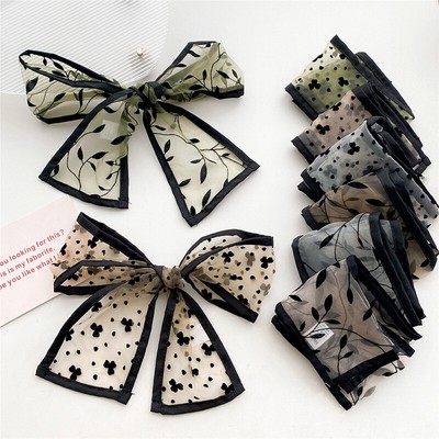 Lady Floral Thin Gauze Narrow Scarf Headbands Bow Tie Lace Embroidery Daily 