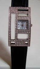 Women's Silver finish black leather band rhinestone fashion wrist casual watch