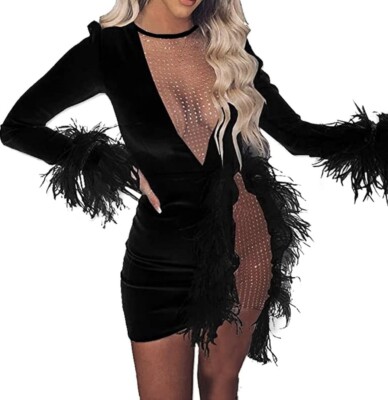 NEW Nhicdns Women Small Black Dress Long Sleeve V Neck Mini