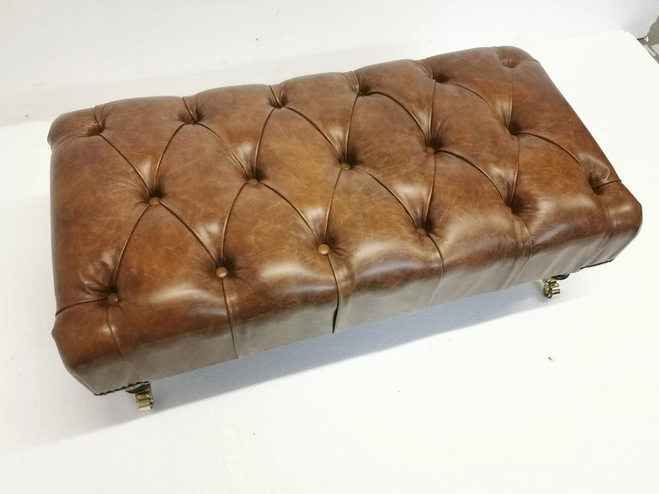 Rectangular Chesterfield Footstool 100% Vintage Tan Leather with Castors - Image 2 of 4