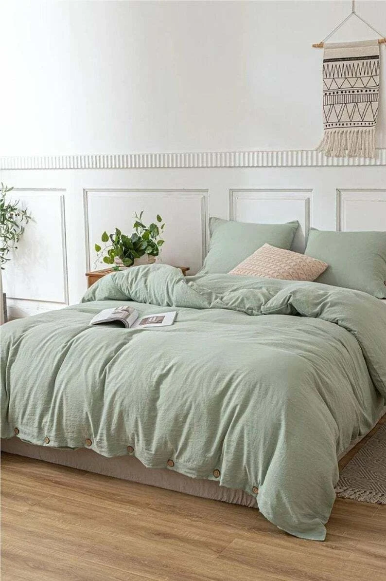 3 Pieces Set Sage Green Cotton Duvet Cover Boho Bedding Twin