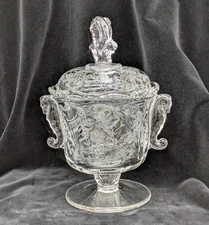 Heisey Orchid Covered Candy Dish Sea Horse Handles Pressed Glass 40s-50s