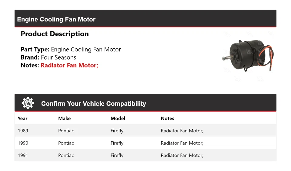 For 1989-1991 Pontiac Firefly Engine Cooling Fan Motor 4 Seasons 1990 - Image 2 of 4