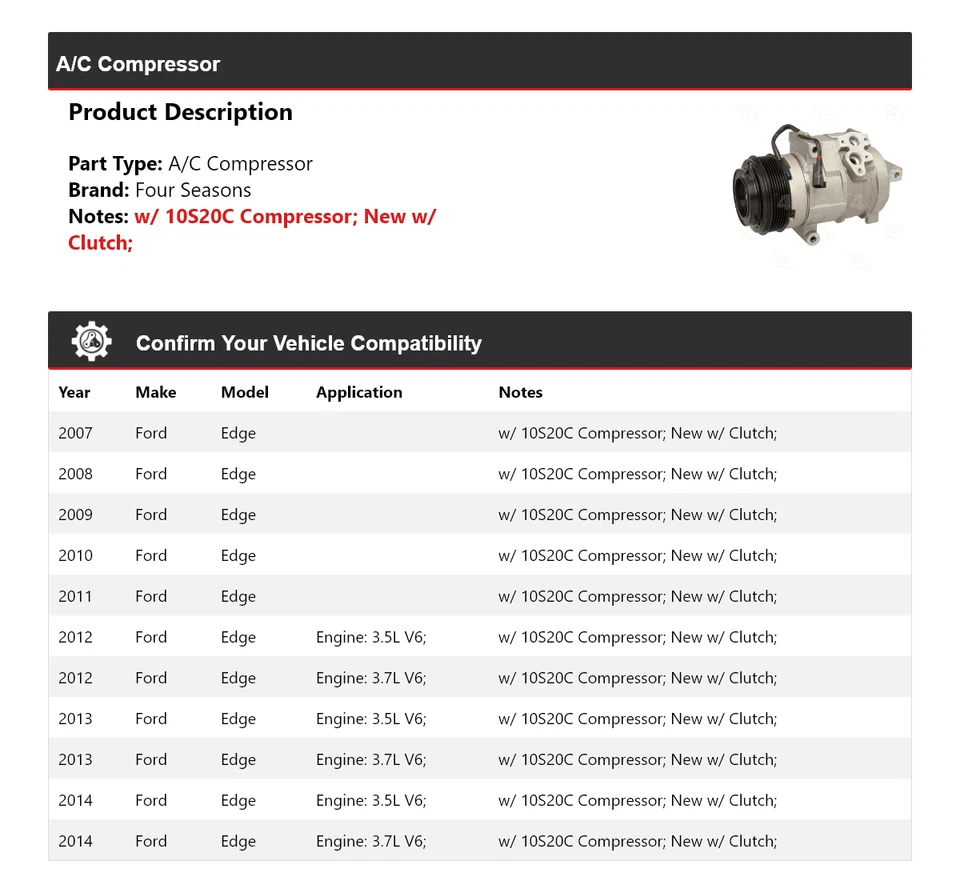 Compresor de aire acondicionado para Ford Edge 2007-2014 4 estaciones 2008 2009 2010 2011 2012 2013 Foto 2 de 4