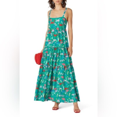 TANYA TAYLOR FLAMINGO PRINT GREEN SQUARE NECK MAXI DRESS Size 4 | eBay
