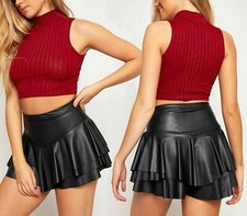 BLACK WET LOOK SKIRT SHORTS LAYERED FRILL FAUX PVC STRETCH PARTY MINI PVC SKORT.