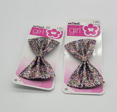 2 PACK SCUNCI GIRL SILVER GLITTER BOW WITH BUILT IN CLIP