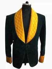 Vintage Quilted Golden Shawl Lapel Tuxedo Jacket Men Green Velvet Smoking Coat