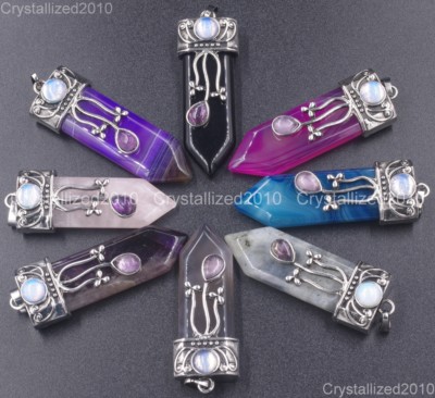 Natural Gemstone Vintage Tibetan Silver Hexagonal Pointed Healing Pendant Beads
