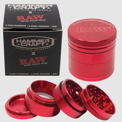 RAW X Hammercraft 4-Piece Herb Grinder Aluminum Red 2'' - Free Shipping