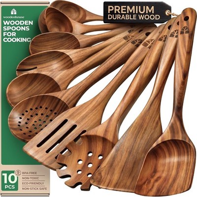Wooden Spoons for Cooking 10 Pcs Teak Wood Utensil Set for Kitchen