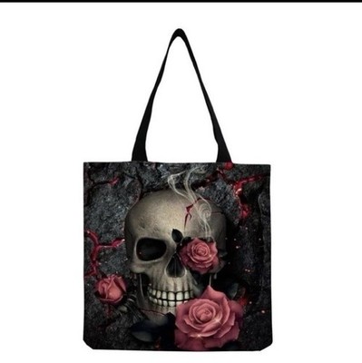 Black Tote Bag Purse Canvas Shopper Four Colorful Skulls and Flowers