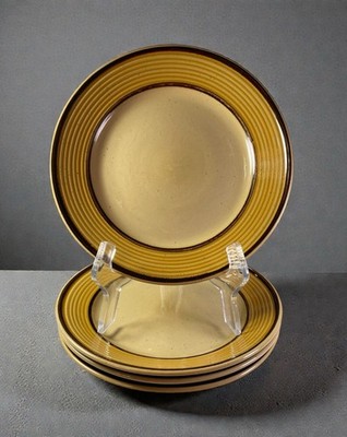 Home Trends Sandbar Salad Plates 9'' Ribbed Gold Brown Banded MCM Style Set Of 4