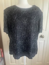 Papell Boutique Evening Floral Beaded Short Sleeve Black Silk Blouse 2X