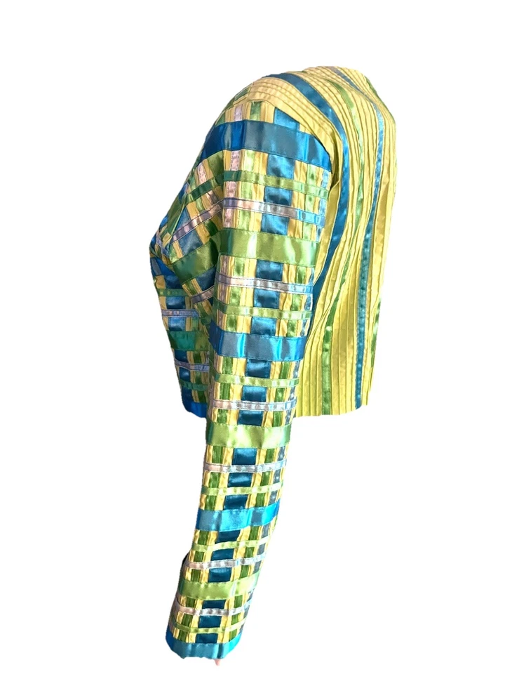 Tachi Castillo Blazer размер M (США 10) неоновый зеленый и синий атласная лента винтажный $700 - Изображение 4 из 4