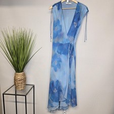 Mango MNG Blue Floral Watercolor Wrap Midi Dress Italian Fabric Size 6 Medium